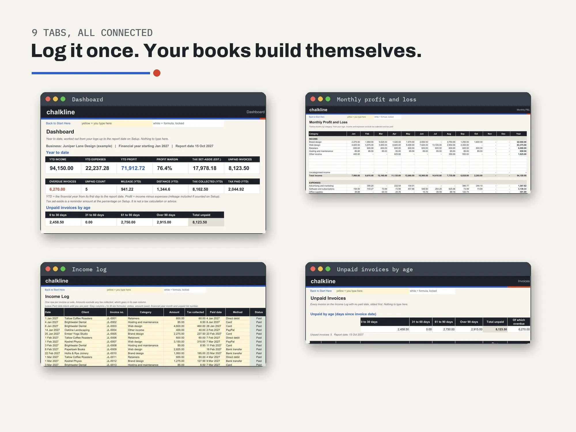 Small Business Bookkeeping Spreadsheet: inside pages