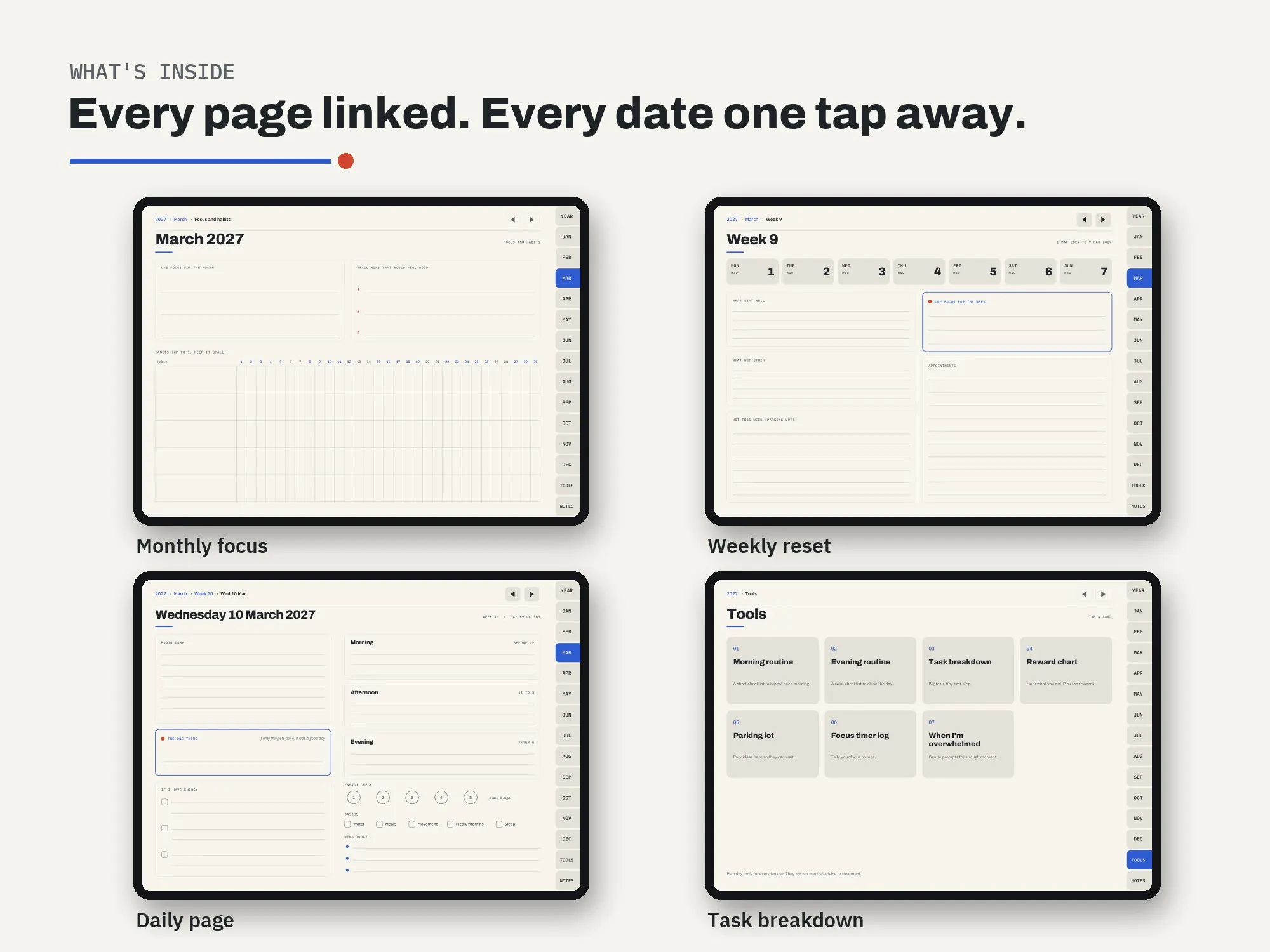 ADHD-Friendly Digital Planner 2027: inside pages