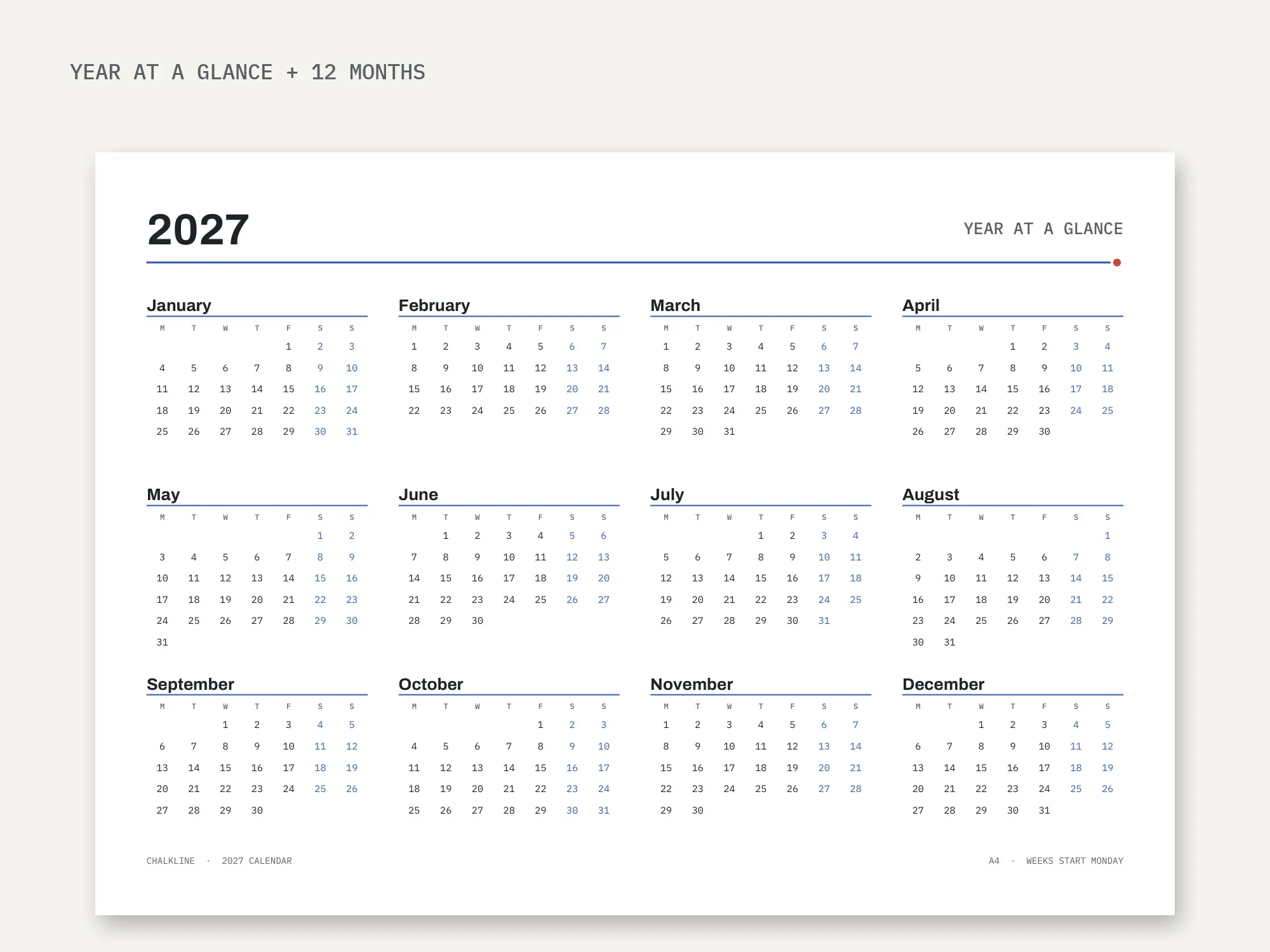 2027 Printable Calendar: year